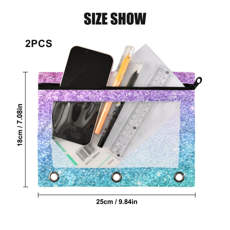 Kcldeci Pencil Pouch for 3 Ring Binder  Pink Blue Glitter Binder Pouches with Zipper Bulk  Pen Holder Case with Clear Window School Class Office Organizers  2Pack - Image 3